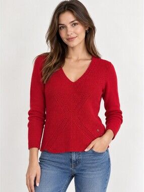 MEXX Women’s XS Red V-Neck Textured Knit Sweater Long Sleeve X Design Pullover